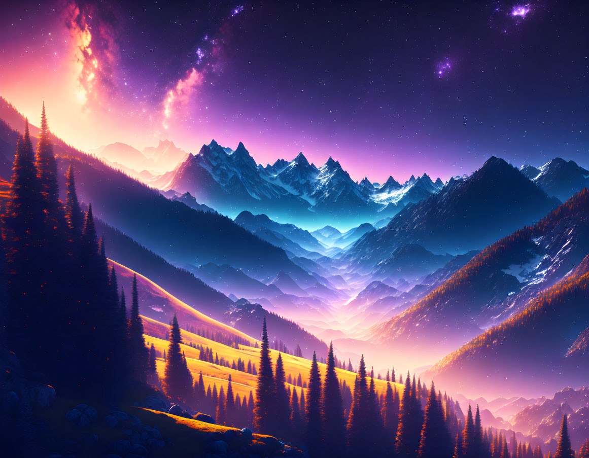 Majestic mountain range at sunset with star-filled sky.