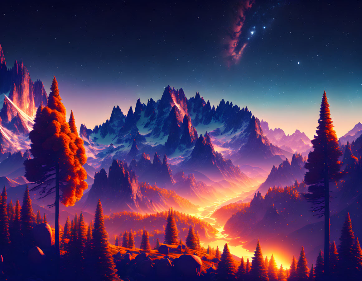 Vibrant digital artwork of mountainous landscape with orange skies