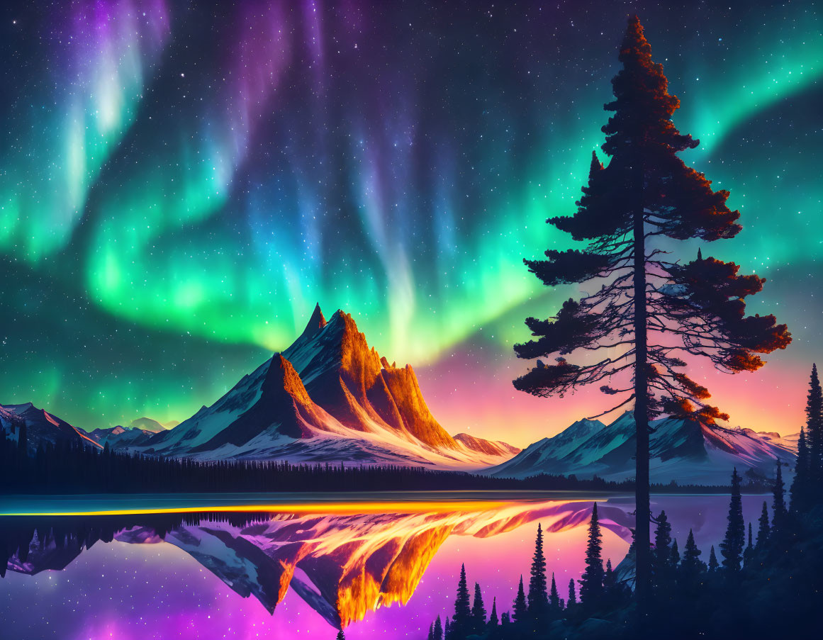 Colorful aurora borealis over mountain lake with mirrored reflection and silhouetted trees