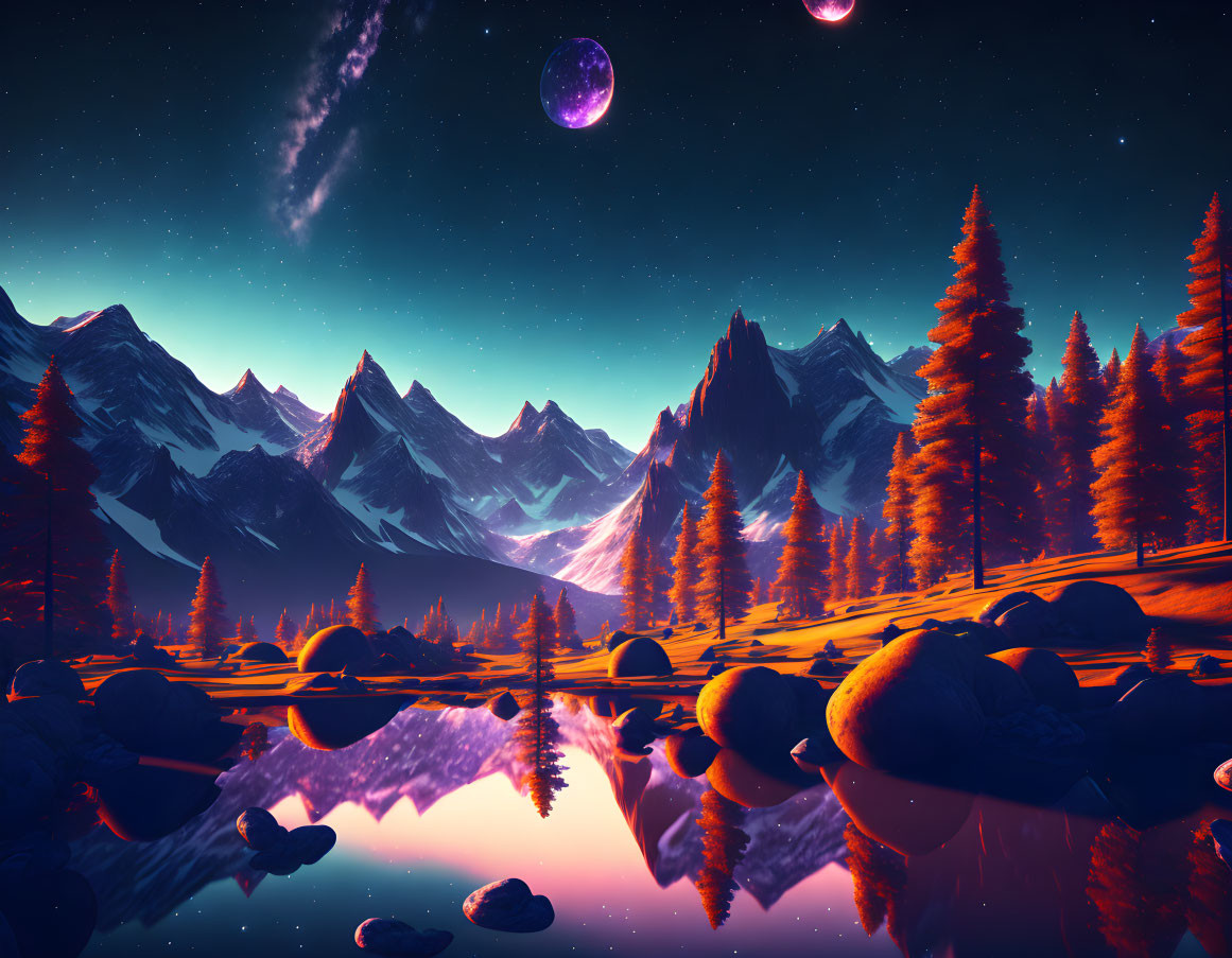 Digital art: Colorful landscape with mountains, trees, lake, and fantasy planets