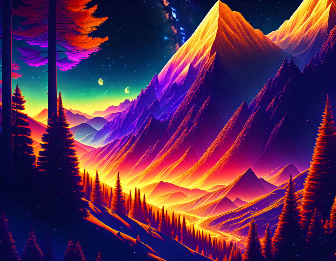 Colorful digital artwork: Twilight mountain landscape with purple skies, crescent moon, and neon pine trees