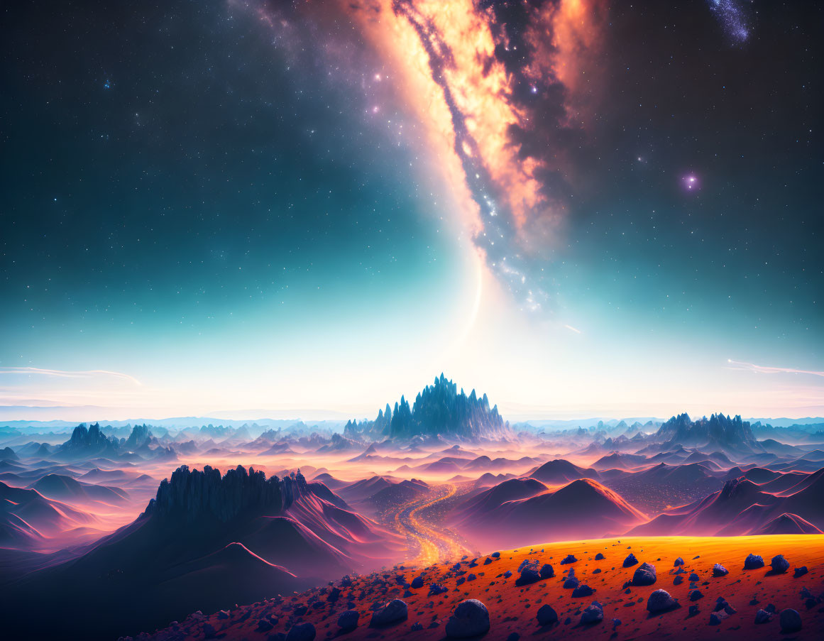 Orange Sand Dunes in Surreal Alien Landscape at Night