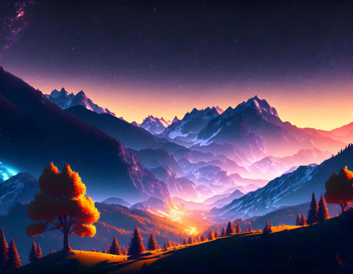 Nighttime mountain range digital artwork with starry sky and glowing valley