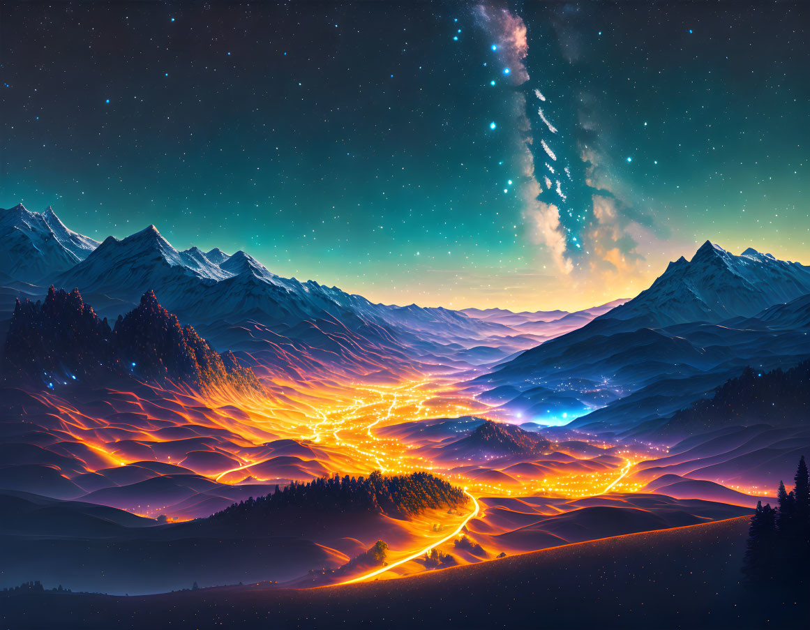 Starry night scene with glowing river through mountains