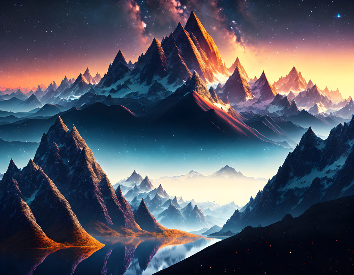 Majestic mountain peaks under vibrant night sky