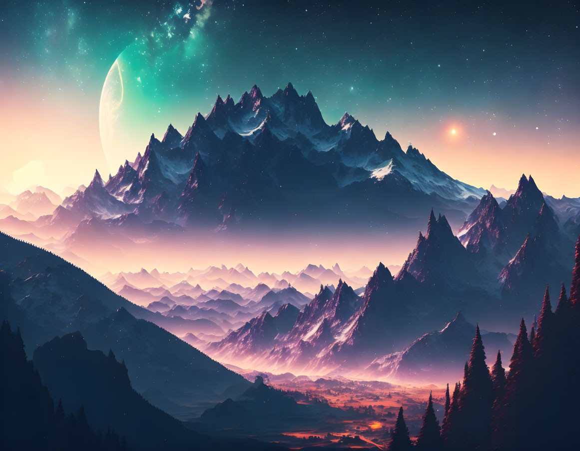 Vast mountain landscape under starlit sky with moon and nebulae.