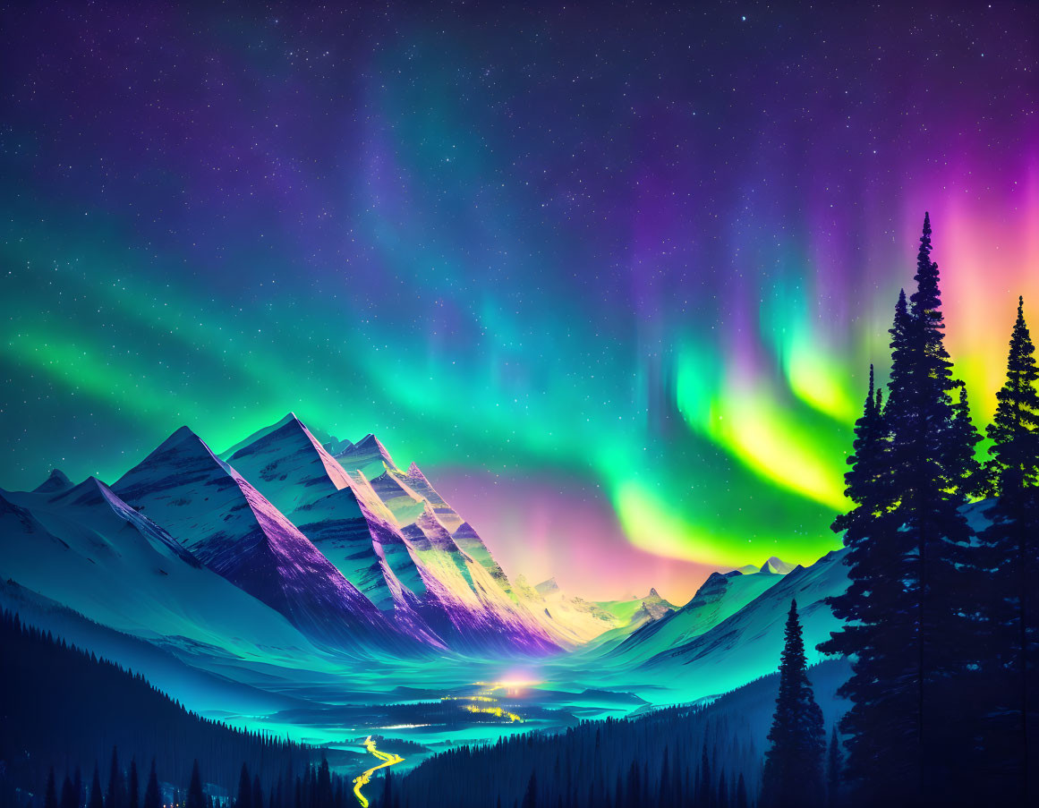 Colorful aurora borealis over snowy mountains and forested valley at night