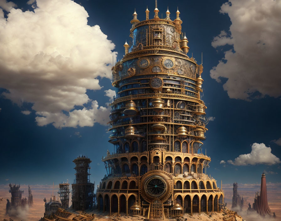 Steampunk tower with circular architecture in barren landscape