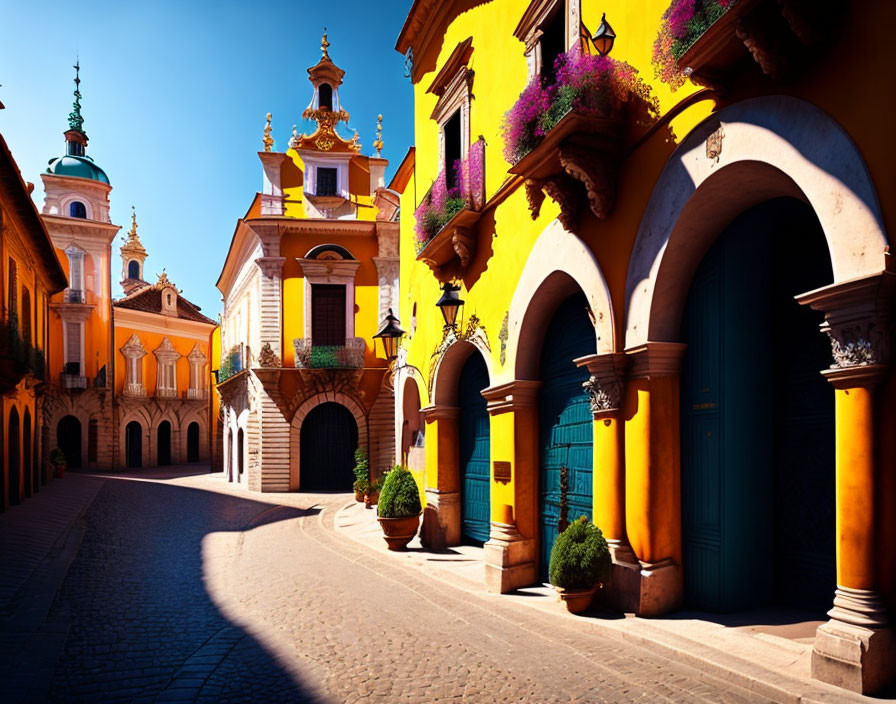 Vibrant European street scene with baroque buildings and flower baskets