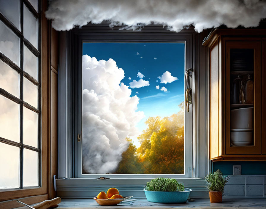 Kitchen window with view of fluffy clouds, autumn trees, and fresh produce.