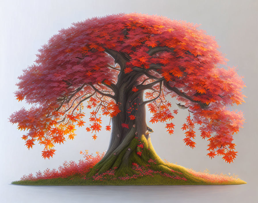 Whimsical tree illustration with vibrant red foliage and pink flowers