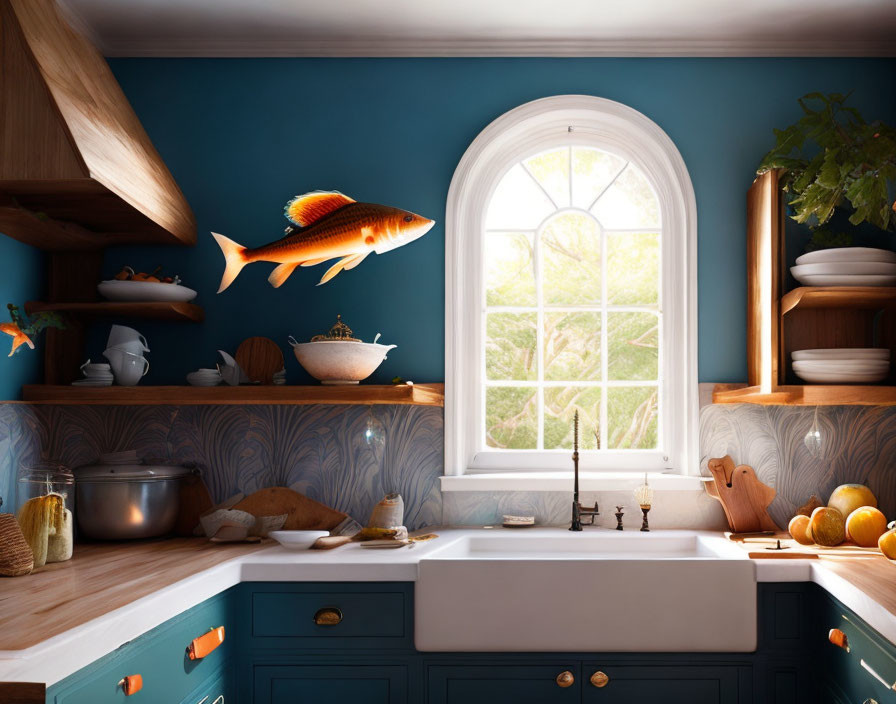 Teal Kitchen with Floating Shelves and Airborne Fish