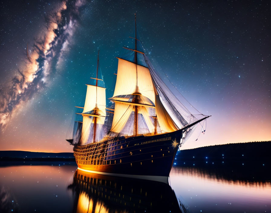 Sailing ship with illuminated sails on calm waters under starry sky