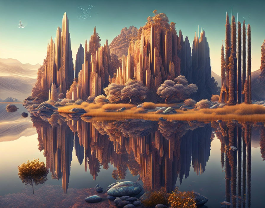 Tranquil fantasy landscape with rocky spires, lush trees, and reflective lake