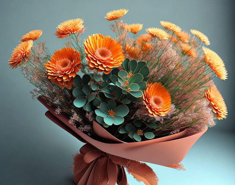 Orange Flower Bouquet with Green Foliage on Teal Background