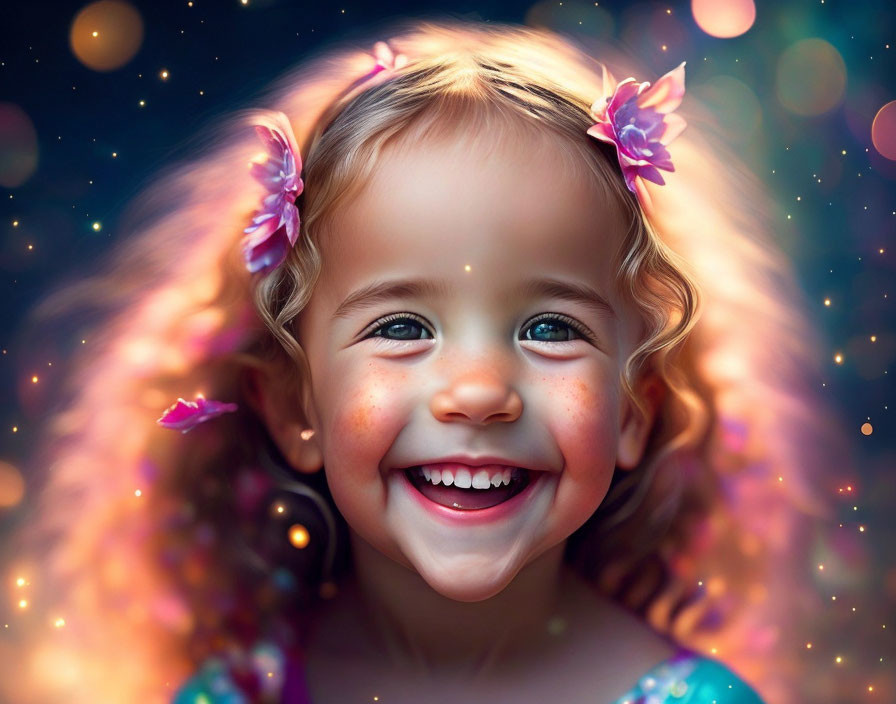 Young girl with sparkling eyes and wide smile adorned with pink flowers in her hair against a whimsical background