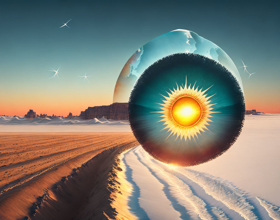 Surreal desert landscape with giant eye object under twilight sky