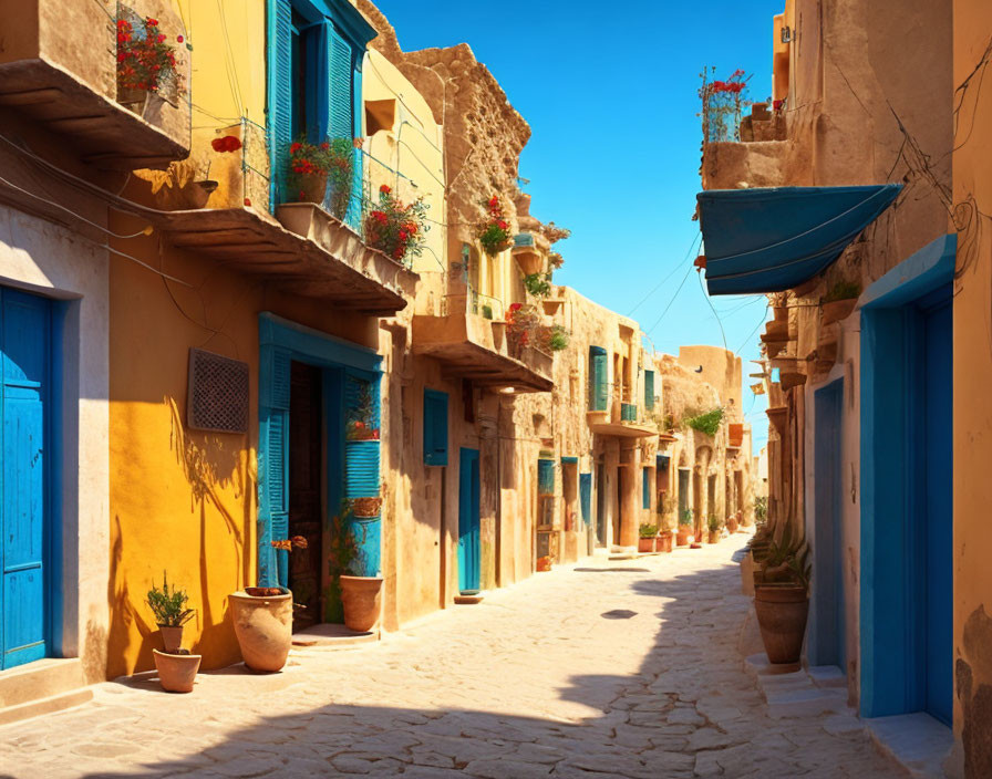 Traditional houses with blue doors in a charming cobblestone alley