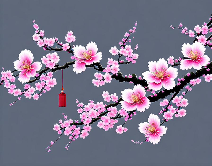 Vibrant pink cherry blossoms digital illustration on dark branches