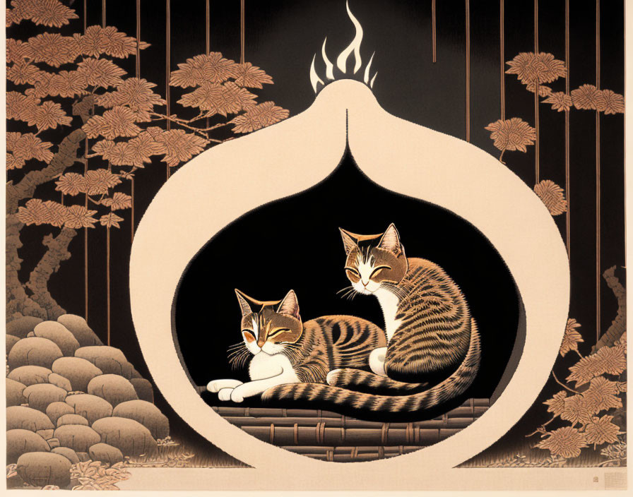 Two striped cats in circular alcove with Japanese maple leaves and flames