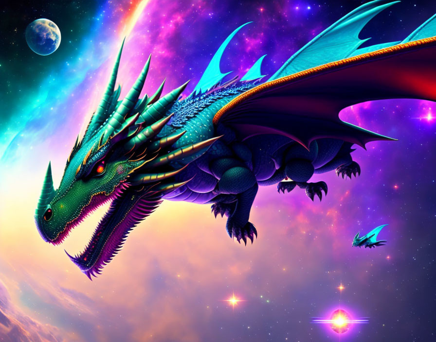 Colorful digital artwork: Blue dragon soaring in cosmic scene