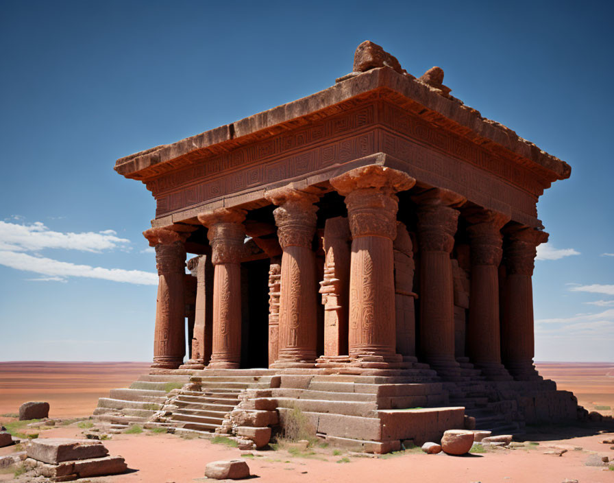 Ancient temple with ornate pillars and carvings in desert landscape