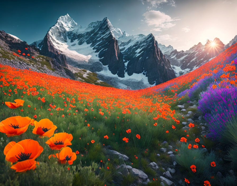 Orange and Purple Flowers in Field with Snowy Mountains and Sunset Sky