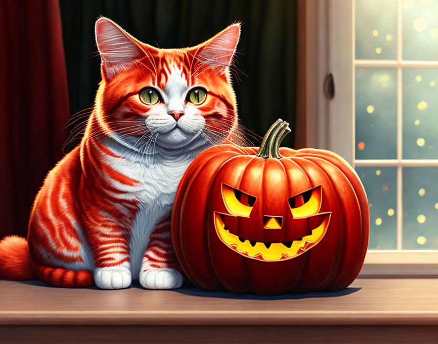 Illustration of orange tabby cat with carved pumpkin indoors by window at twilight