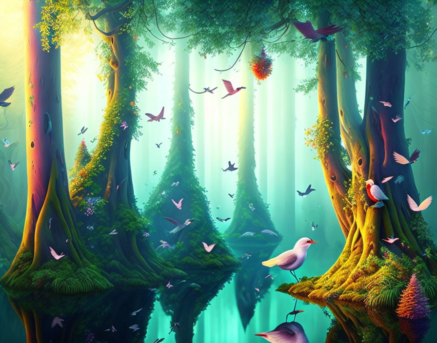 Vibrant forest scene with moss, water reflection, and colorful birds