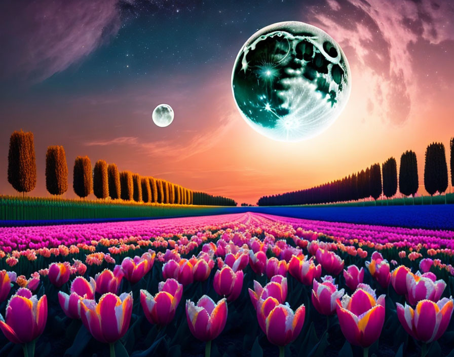 Colorful pink and purple tulip field with surreal sky and moonscape.