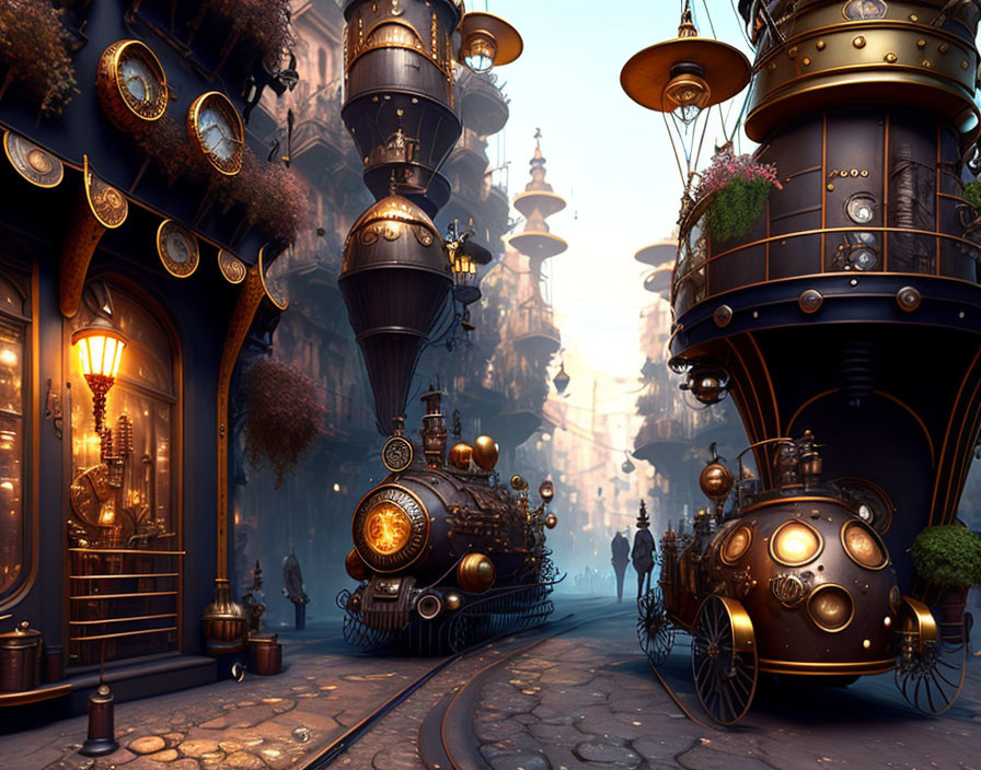 Steampunk cityscape with ornate buildings and train-like vehicle