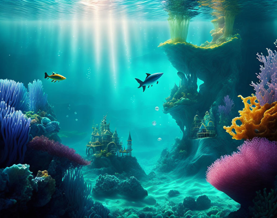 Vibrant coral, shark, fish, miniature castle in underwater fantasy scene