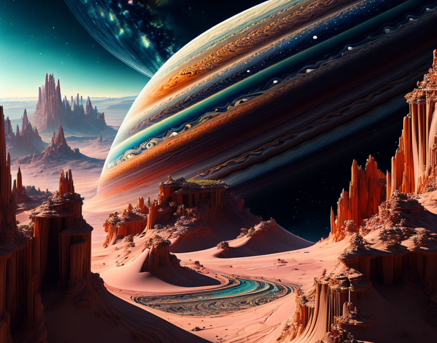 Alien landscape with towering rock formations and ringed planet