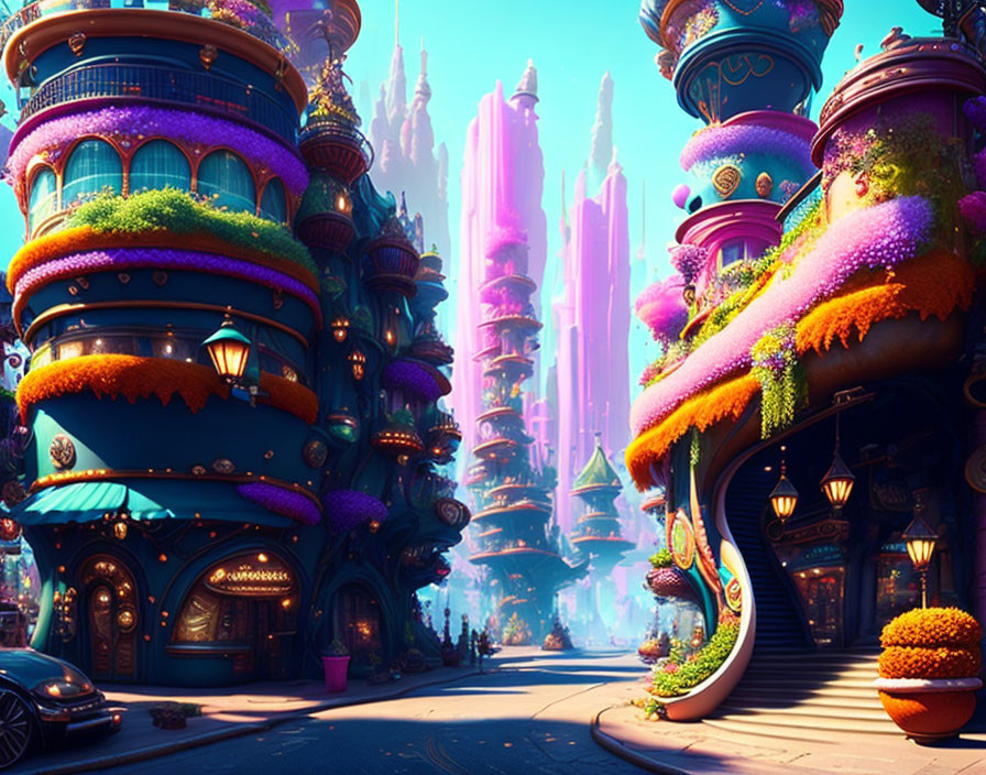 Colorful organic architecture in futuristic cityscape