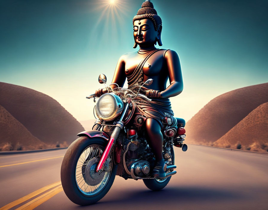 Digital artwork: Buddha statue on motorcycle on deserted road