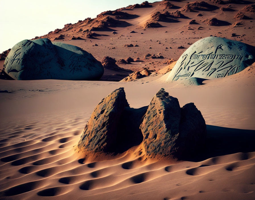 Twilight desert landscape with sand dunes, boulders, and clear sky