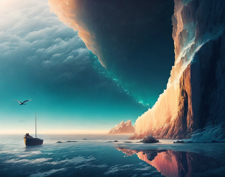 Tranquil seascape with boat, cliffs, reflective sea, twilight sky, auroras, and