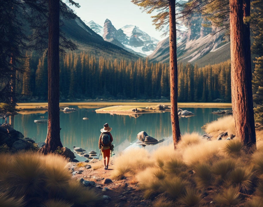 Person in Hat and Backpack by Serene Lake with Mountains at Sunset