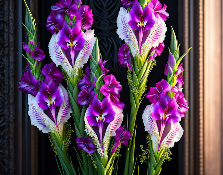 Purple and White Gladiolus Flowers on Dark Background