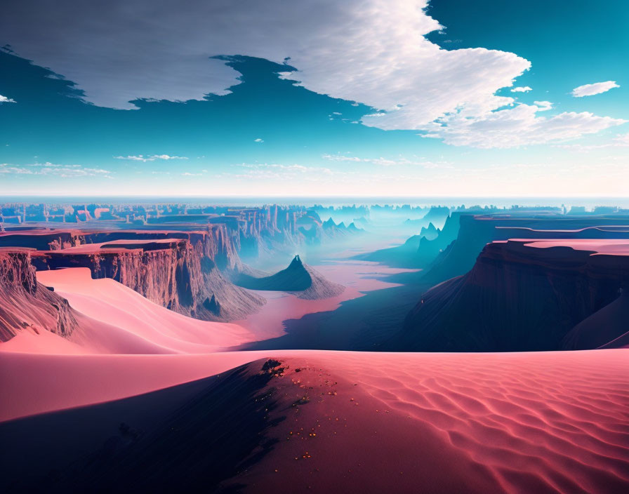 Surreal desert landscape with pink dunes and canyons