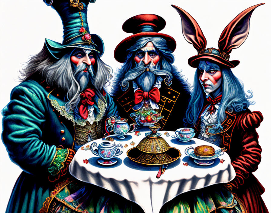 Three elaborately dressed characters with exaggerated features and whimsical tea set pose