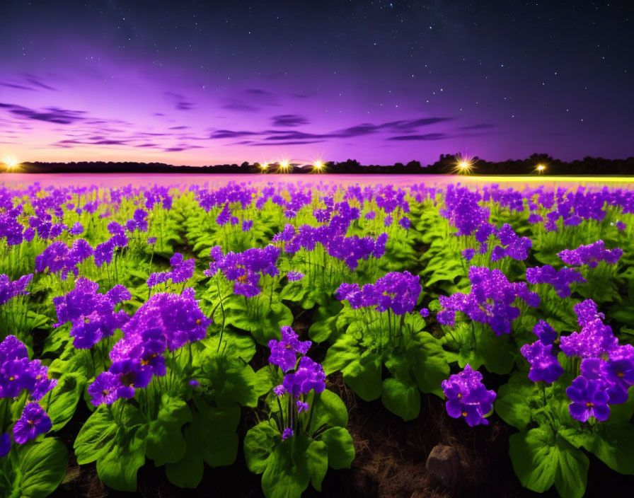 Purple Flowers Field Under Starry Night Sky with Northern Lights & Trees