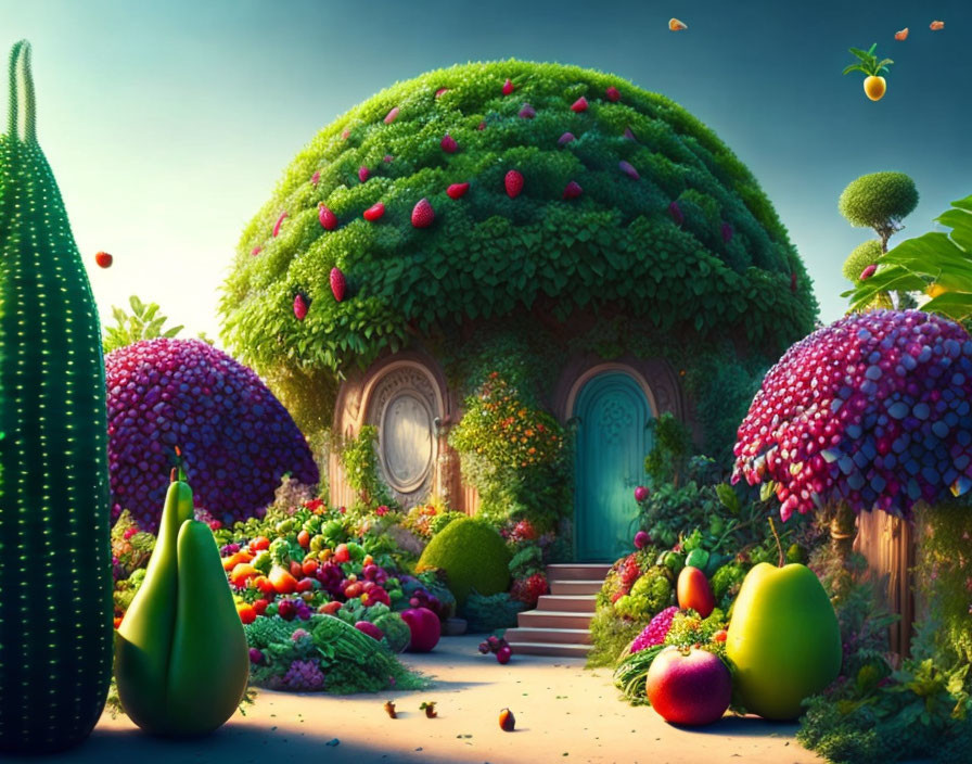 Fantasy garden with oversized fruit treehouse and lush surroundings