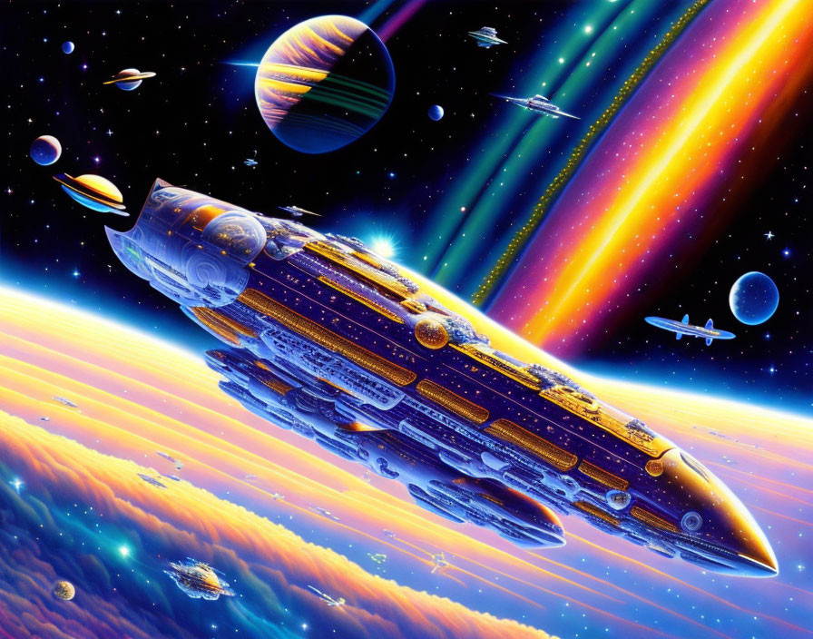 Detailed spaceship flying past colorful planets and comets in vibrant space scene