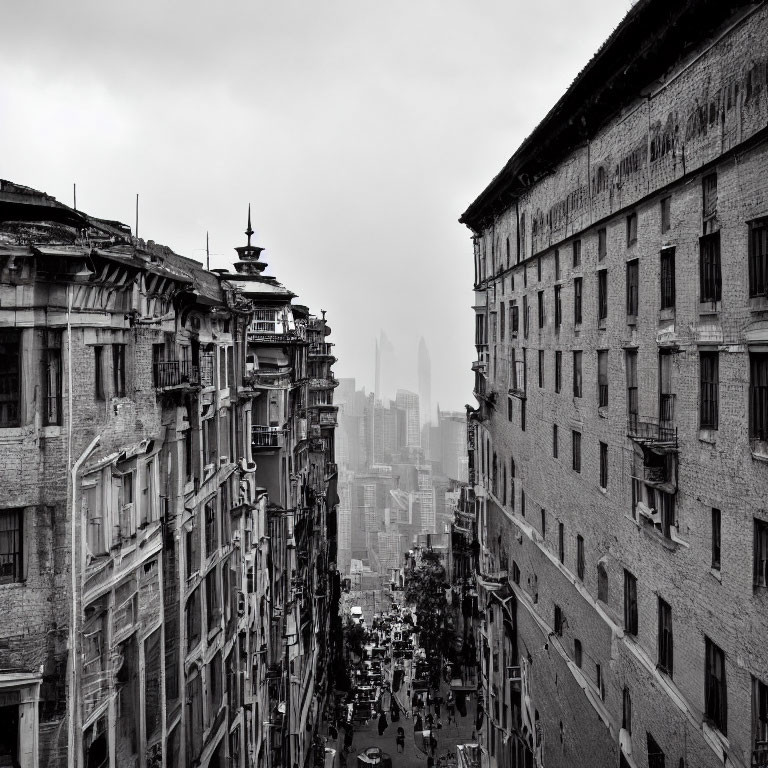 Monochrome cityscape: bustling street, old buildings, modern skyscrapers in foggy background