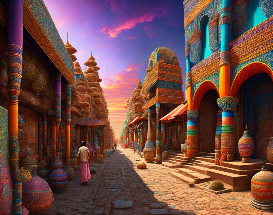 Colorful Street Scene with Pottery and Figure Walking into Distance