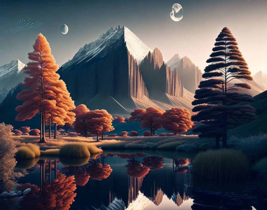 Tranquil autumn landscape with crescent moon reflection and twilight mountains