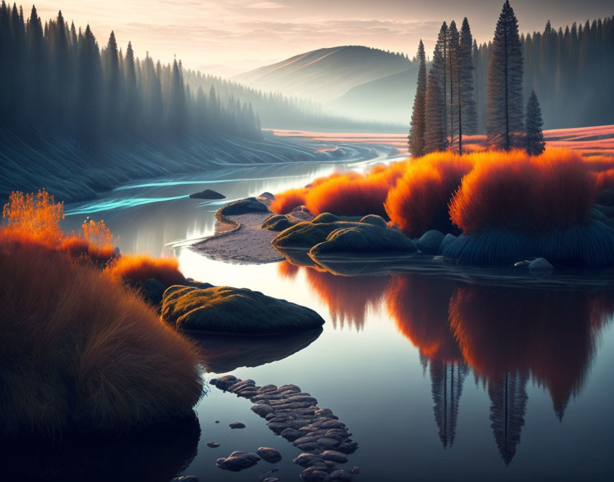 Serene river landscape at dawn with orange bushes and misty coniferous forests