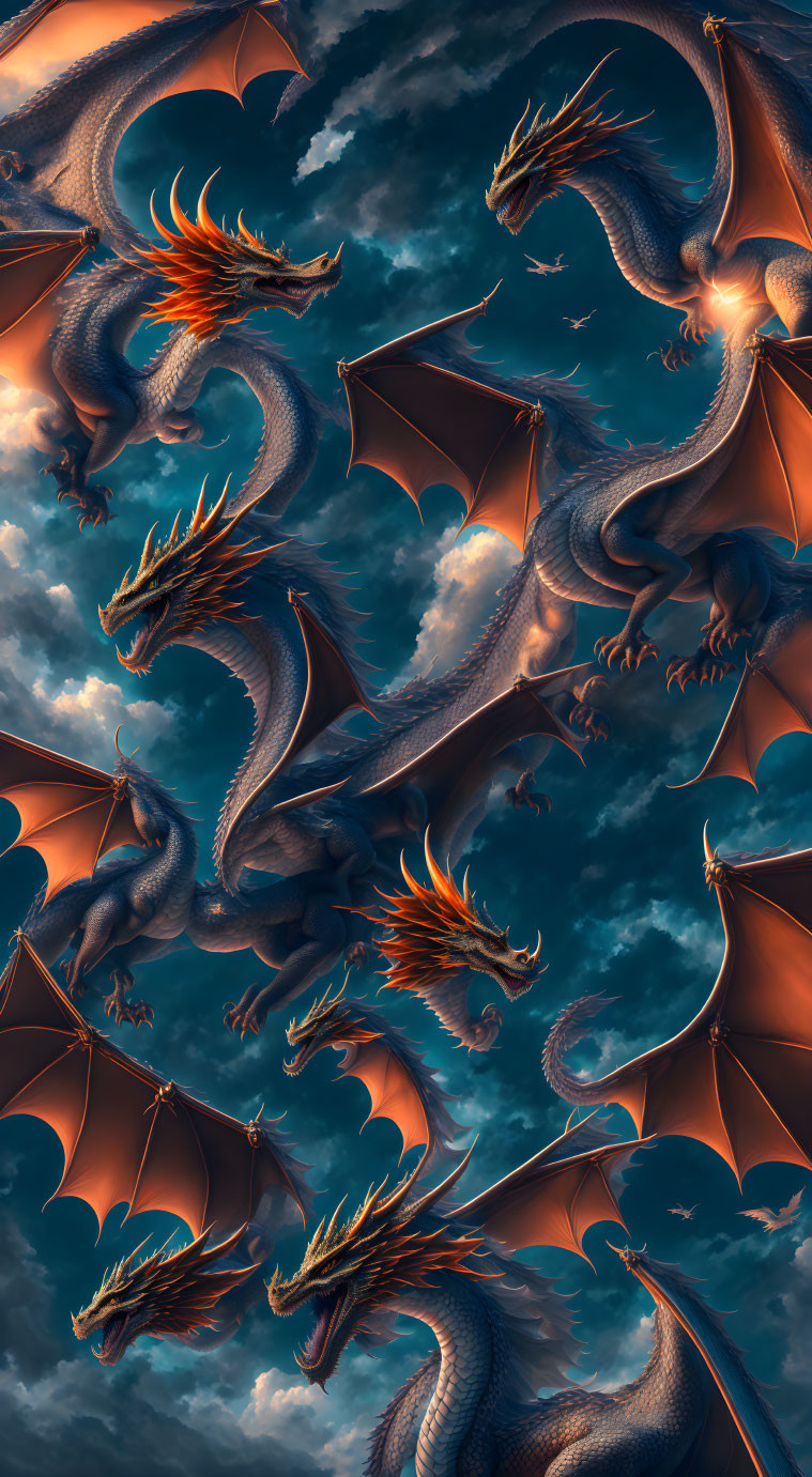 Majestic dragons flying in dramatic sky with swirling clouds