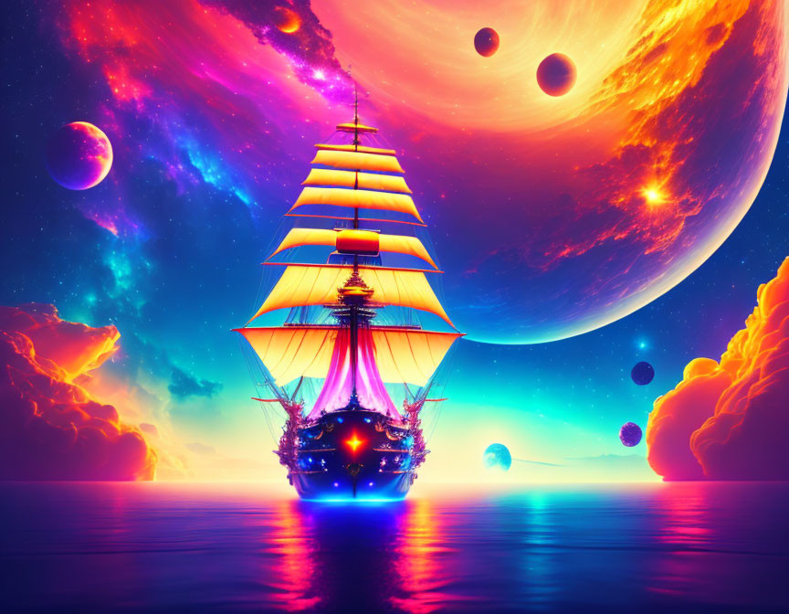 Surreal sea scene with classic sailing ship and cosmic sky.